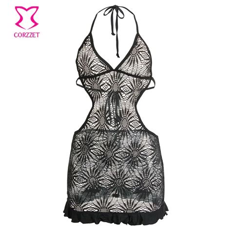 Black Floral Fishnet Babydoll Chemise De Nuit Sexy Lingerie Plus Size Women Nightwear Underwear