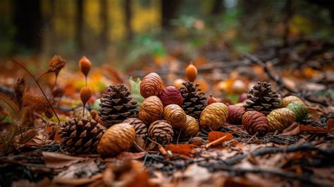 In A Forest With Pine Cones Laying In The Leaves Background Autumn