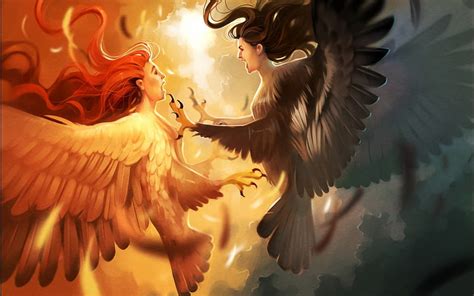 Harpies Fighting Art Wings Luminos Orange Black Woman Fantasy