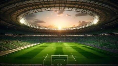 D Rendering Of Soccer Stadium With Green Field And Ball Background