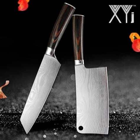 XYj Kitchen Cleaver Cooking Stainless Steel Set Damascus Veins Blade 7