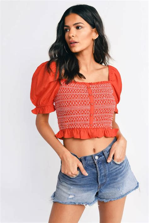 Red Crop Top Off Shoulder Eyelet Crop Top Front Self Tie Crop Top