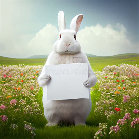 Cute Easter Bunny In The Field With Empty White Paper Generative Ai