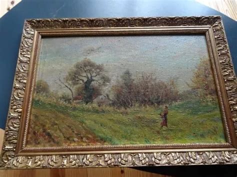 Tableau Ancien Sign Paysage Anim Peinture Huile Sur Panneau De Bois