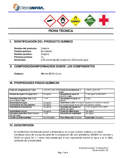 Ox Geno Ficha T Cnica O Fecha De Revisi N Marzo No De