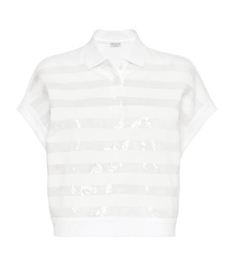 Womens Brunello Cucinelli White Cotton Piqué Embellished Stripe Polo