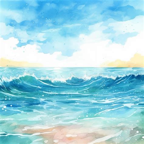 Premium Photo | A watercolor painting of a beach with a blue sky and waves