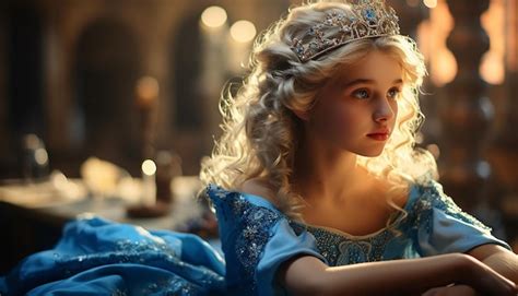 Premium AI Image A Girl Like Princess Blonde Hair In A Blue Princess Dress