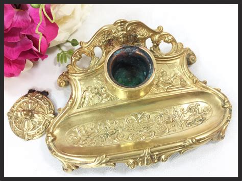 Ornate Brass Victorian Inkwell W Pen Tray Victorian Inkwell For Dip