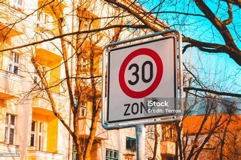 Number 30 Traffic Limit Sign In A Street At Autumn Stock Photo