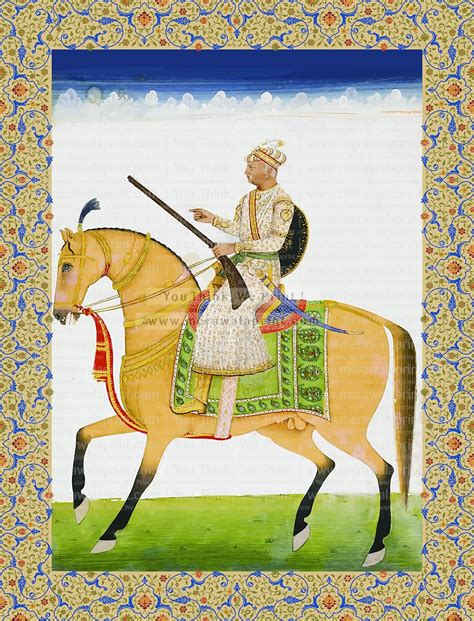 Traditional Indian Mughal Emperor Akbar Riding Horse In A Garden