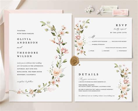 Blush Pink Wedding Invitation Template Boho Floral Wedding Invite Set