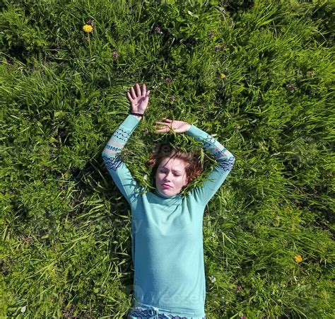 The Girl Lies In A Turquoise Dress On The Lawn Beautiful Girl Lying