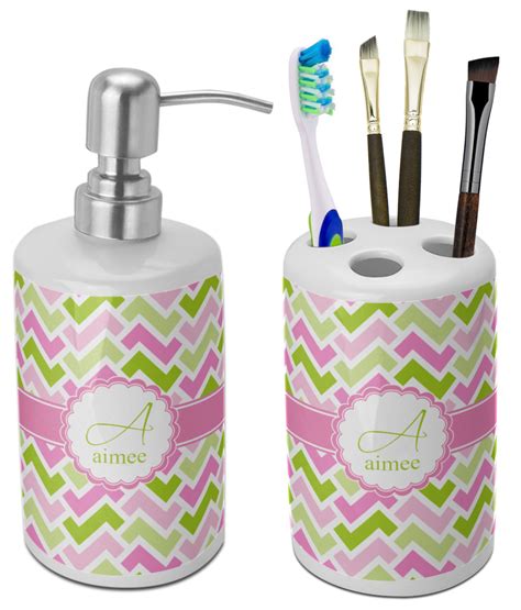 Custom Pink And Green Geometric Ceramic Bathroom Accessories Set