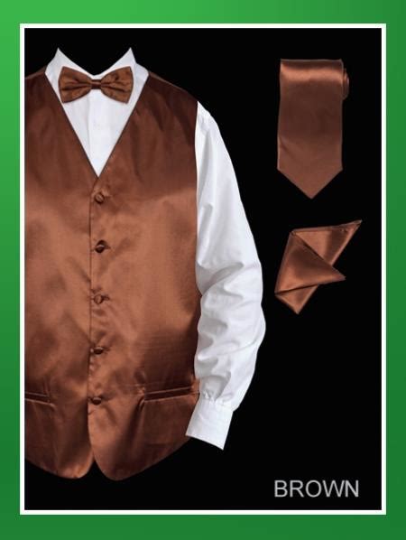 4 Piece Vest Set Bow Tie Neck Tie Hanky Satin Brown Colo