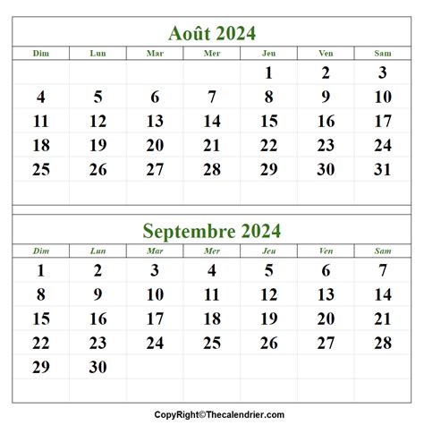 Calendrier Août Septembre 2024 à imprimer The Calendrier