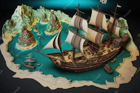 Premium Photo | Pirate treasure map with pirate ship and sea 3d style ...