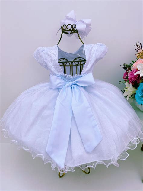 Vestido Infantil Branco Renda No Busto Saia Brilho Batizado Rosa