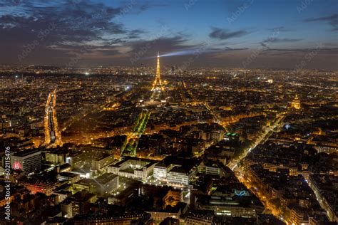 Paris aerial view at night. Panoramic aerial view of Paris city centre ...