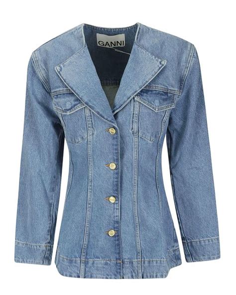 Ganni Cutline Denim Fitted Blazer In Blue Lyst