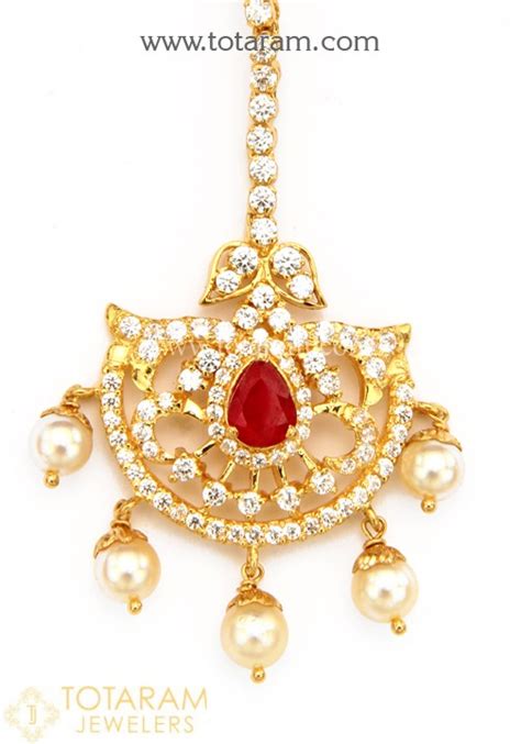 K Gold Maang Tikka With Cz Color Stone Culture Pearls Papidi