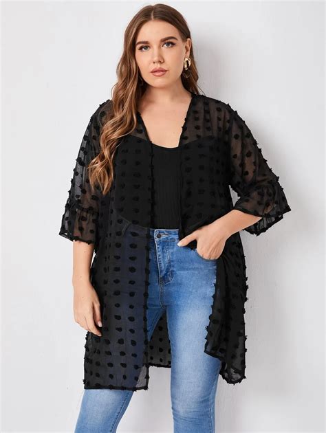 Plus Swiss Dot Flounce Sleeve Sheer Kimono Plus Size Kimono Sheer