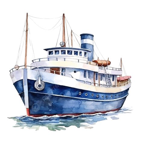 Watercolor Boat Ship Watercolor Fish Fishing PNG Transparent Image