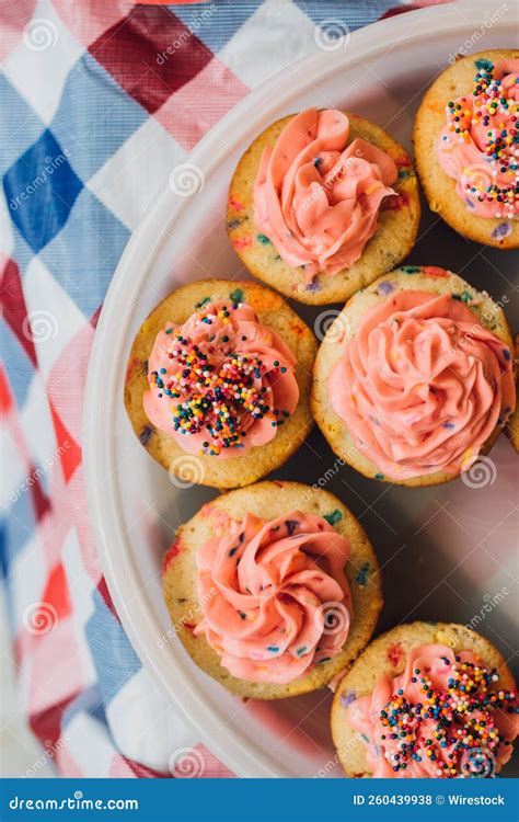 Pink Funfetti Cupcakes With Sprinkles In Tupperware Stock Photo Image