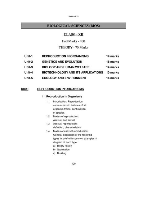 Wbchse Class Biological Sciences Syllabus Pdf West Bengal