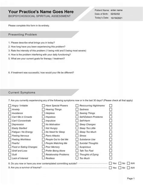 Biopsychosocial Spiritual Assessment Template Printable Fillable