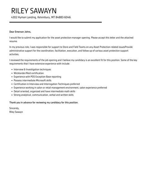 Asset Protection Manager Cover Letter Velvet Jobs