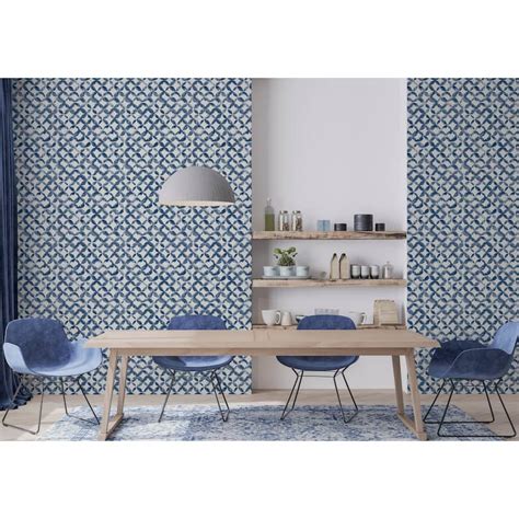 33.5 Sq. ft Stencil Geometric Blue Peel and Stick Wallpaper - Single ...