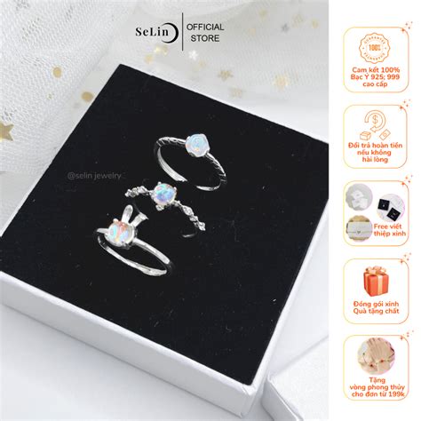 Bộ nhẫn bạc nữ 925 đính đá moonstone mặt trăng hot trend freesize SELIN