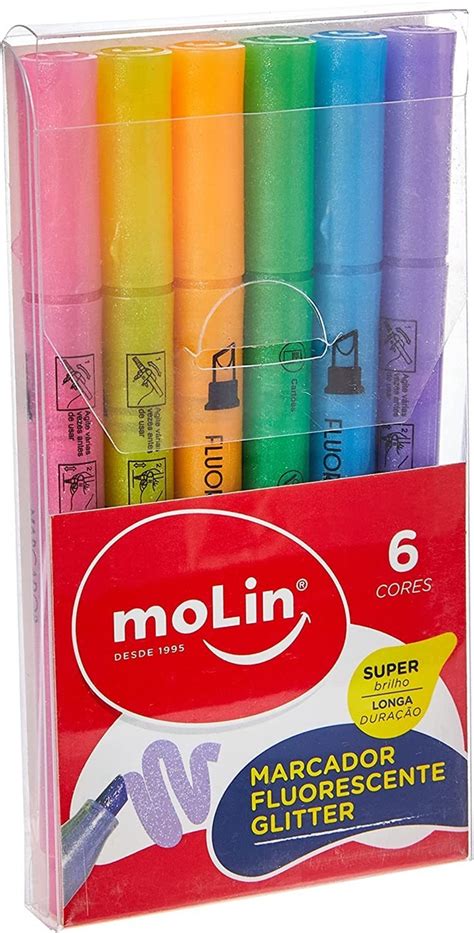 Kit De Marca Texto Glitter Fluorescente Molin 6 Cores