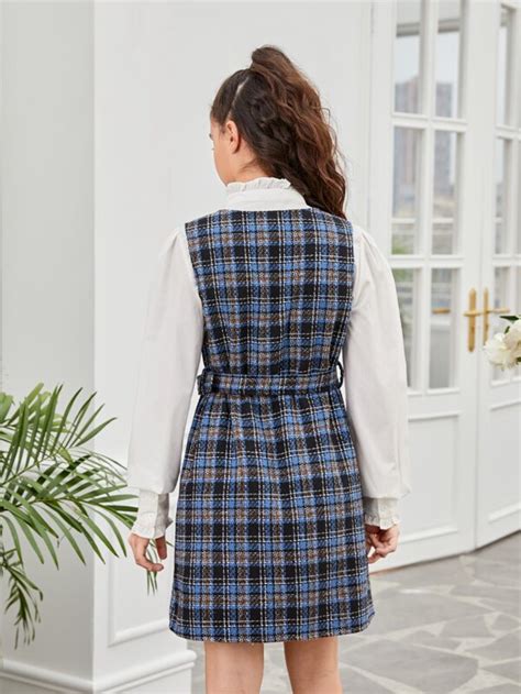 Shein Teen M Dchen Kleid Mit Plaid Muster G Rtel Tweed Ohne Bluse