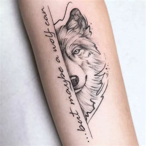 A Tattoo On The Arm Of A Woman With A Wolf S Head And Quote