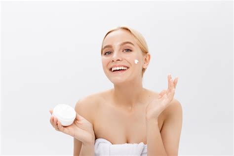 Premium Photo Close Up Beauty Portrait Of A Laughing Beautiful Half Naked Woman Applying Face