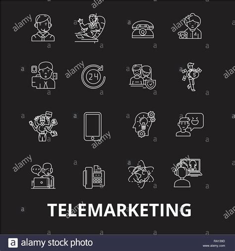 Telemarketing Editable Line Icons Vector Set On Black Background