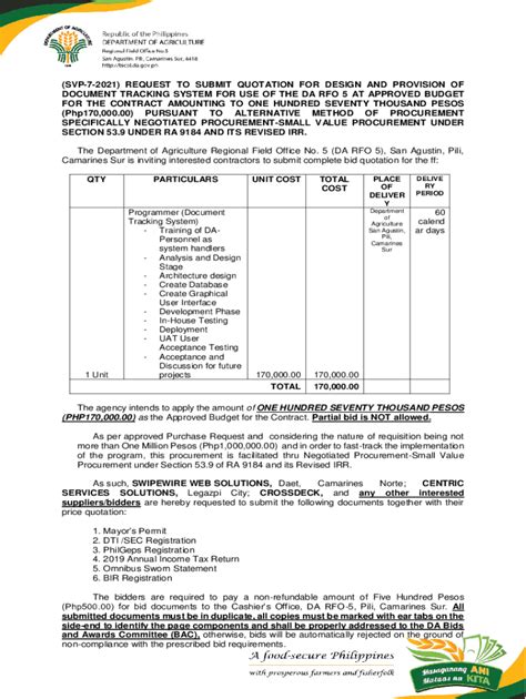 Fillable Online Bicol Da Gov Request To Submit Quotation Or Proposal