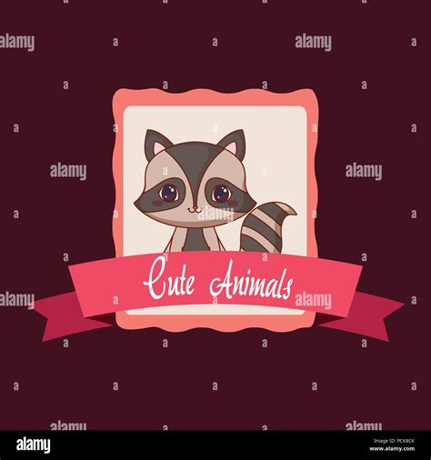 Cute Animals Emblem With Decorative Ribbon And Raccoon Icon Colorful