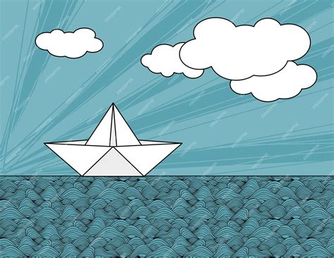 Premium Vector | Origami paper ship on sea waves