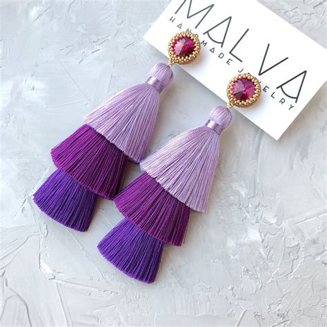 Purple Tassel Earrings Layered Fringe Earrings Boho Style Earrings