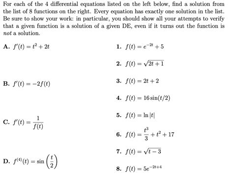 For Each Of The 4 Differential Equations Listed On The Left Below Find