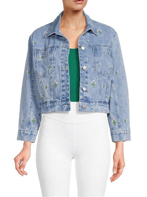 Lea Viola Floral Embroidery Cropped Denim Jacket In Blue Lyst