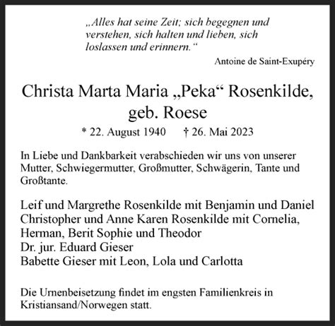 Traueranzeigen Von Christa Marta Maria Rosenkilde Hamburgertrauer De