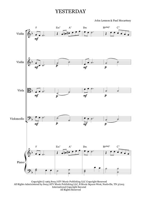 Yesterday Arr Karen Gueiros By The Beatles Sheet Music For String Quartet At Sheet Music Direct