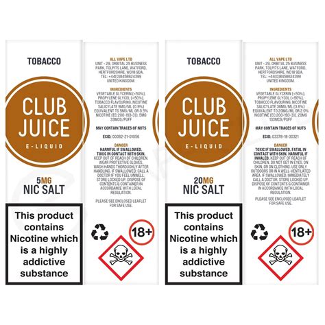 Tobacco Nic Salt E Liquid By Club Juice