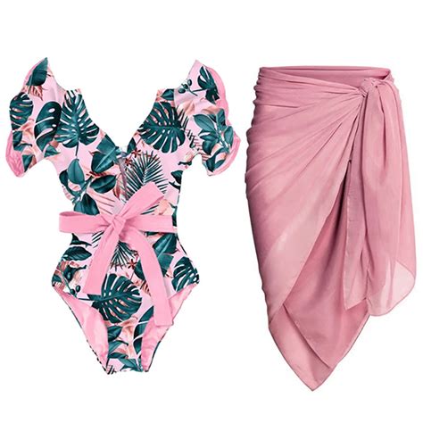 Green Suspender Ruffle Swimsuit High Waist One Piece Cutout Bikini And Pink Chiffon Skirt