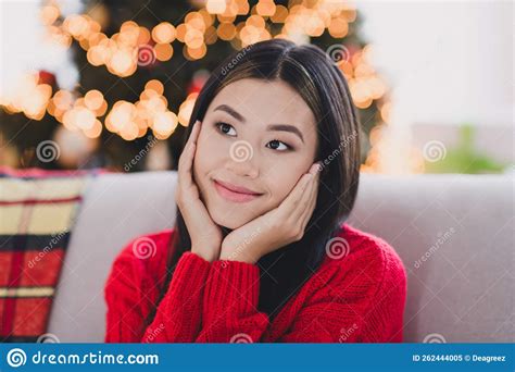 Portrait Of Positive Thoughtful Woman With Straight Hairdo Wear Red