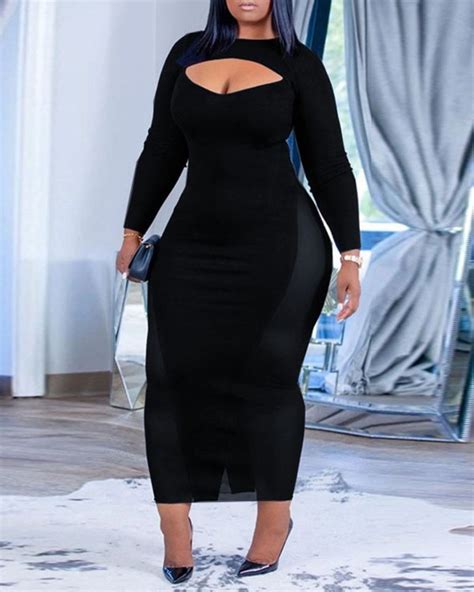 Plus Size Contrast Mesh Cutout Bodycon Dress